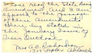 [Postcard from Mrs. A. O. Richardson to Truett Latimer, April 4, 1957]