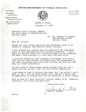[Letter from John H. Winters to Truett Latimer, December 11, 1956]