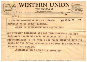[Telegram from E. L. Thronton to Truett Latimer, April 24, 1957]