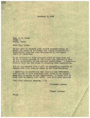 [Letter from Truett Latimer to Mrs. J. H. Walsh, February 7, 1957]