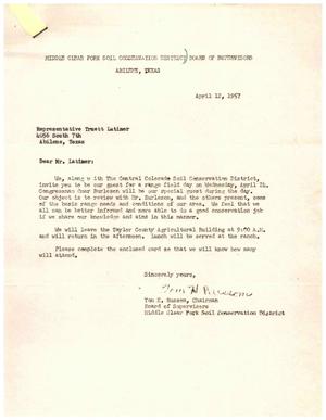 [Letter from Tom H. Russom to Truett Latimer, April 12, 1957]