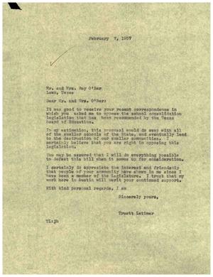 [Letter from Truett Latimer to Mr. and Mrs. Ray O'Bar, February 7, 1957]