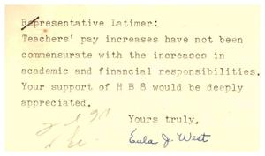 [Postcard from Eula J. West to Truett Latimer, February 6, 1957]