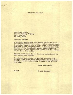 [Letter from Truett Latimer to Allen Wright, February 18, 1957]