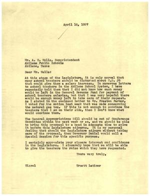 [Letter from Truett Latimer to A. E. Wells, April 16, 1957]