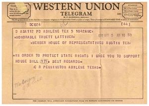 [Telegram from C. R. Pennington, March 5, 1957]