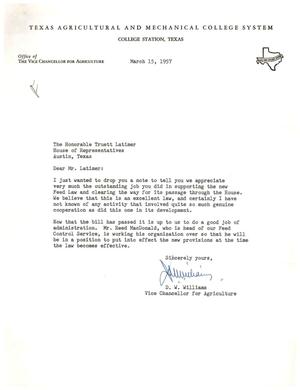 [Letter from D. W. Williams to Truett Latimer, March 15, 1957]