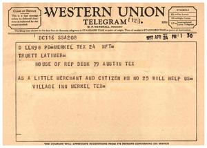 [Telegram from the Merkel Village Inn to Truett Latimer, April 24, 1957]
