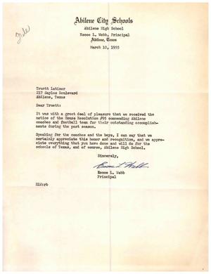 [Letter from Escoe L. Webb to Truett Latimer, March 10, 1955]