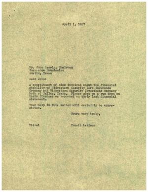 [Letter from Truett Latimer to John Osorio, April 1, 1957]