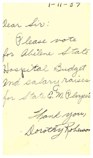 [Postcard from Dorothy Roberson to Truett Latimer, January 11, 1957]