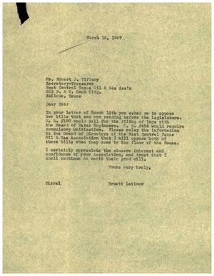 [Letter from Truett Latimer to Robert J. Tiffany, March 15, 1957]