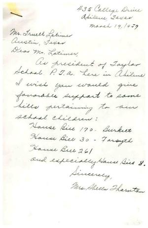 [Letter from Shella Thornton to Truett Latimer}, March 19, 1957]