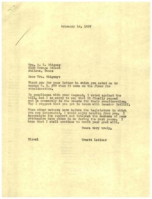 [Letter from Truett Latimer to Mrs. S. L. Ridgway, February 14, 1957]