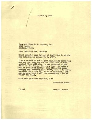 [Letter from Truett Latimer to Rev. and Mrs. A. A> Watson, Jr., April 9, 1957]