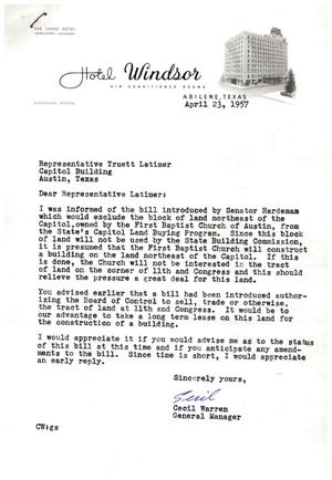 [Letter from Cecil Warren to Truett Latimer, April 23, 1957]