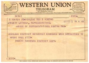 [Telegram from Hubert Thompson, April 2, 1957]
