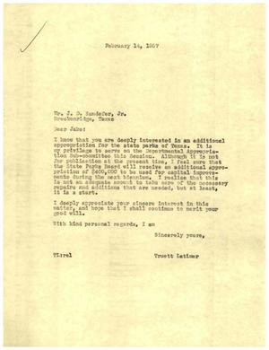 [Letter from Truett Latimer to J. D. Sandefer, Jr., February 14, 1957]