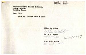 [Letter from Allen W. White and Mr. and Mrs. W. G. White to Truett Latimer, April 4, 1957]