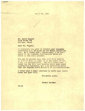 [Letter from Truett Latimer to Carol Rogers, April 25, 1957]