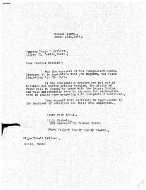 [Letter from E. C. Nichols to Senator David W. Ratliff, March 15, 1957]