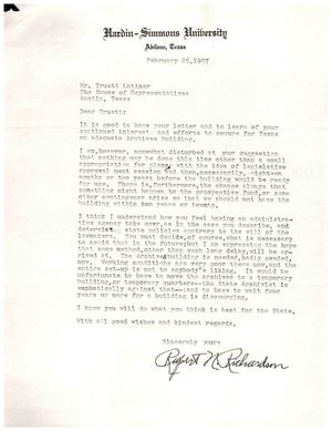 [Letter from Rupert N. Richardson to Truett Latimer, February 26, 1957]