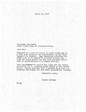 [Letter from Truett Latimer to Max Smith, April 30, 1957]