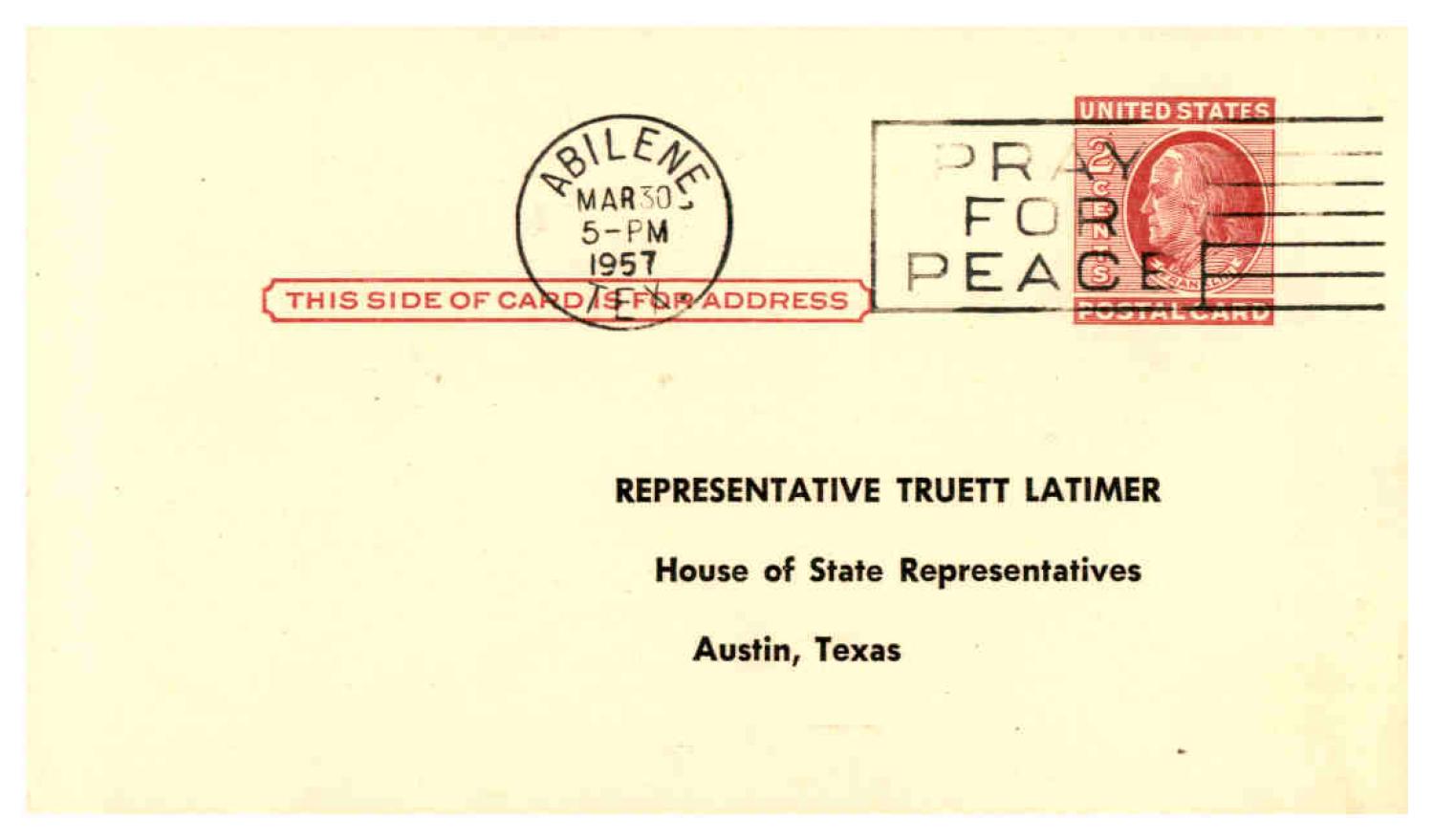 [Postcard from Bill Sanders to Truett Latimer, March 30, 1957]
                                                
                                                    [Sequence #]: 2 of 2
                                                