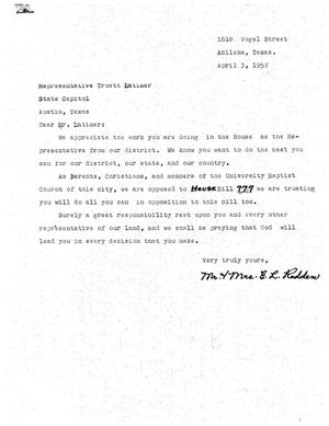 [Letter from Mr. and Mrs. E. L. Radden to Truett Latimer, April 3, 1957]