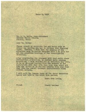 [Letter from Truett Latimer to A. E. Wells, March 5, 1957]