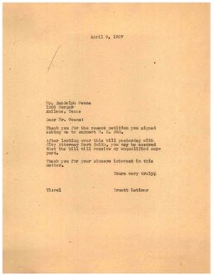 [Letter from Truett Latimer to Randolph Owens, April 9, 1955]