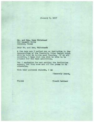 [Letter from Truett Latimer to Mr. and Mrs. Gene Whitehead, January 9, 1957]