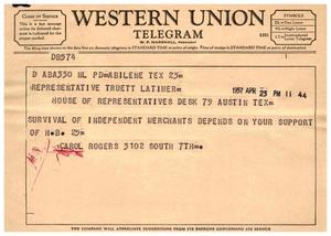 [Telegram from Carol Rogers, April 23, 1957]