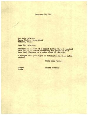 [Letter from Truett Latimer to Jake Roberts, February 19, 1957]
