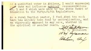 [Postcard from T. D. Whitehorn to Truett Latimer, February 9, 1957]