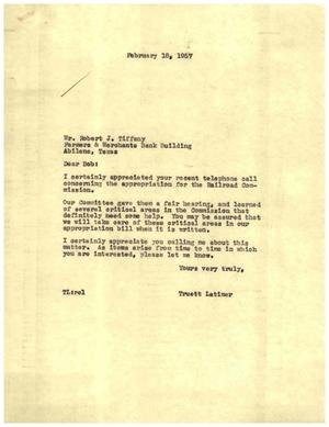 [Letter from Truett Latimer to Robert J. TIffany, February 18, 1957]