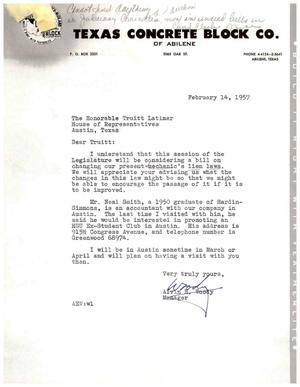 [Letter from Alvin H. Woody to Truett Latimer, February 14, 1957]
