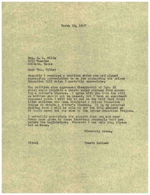 [Letter from Truett Latimer to E. L. Wilde, March 18, 1957]
