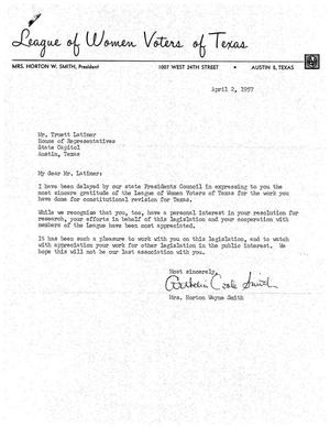 [Letter from Mrs. Horton Wayne Smith to Truett Latimer, April 2, 1957]