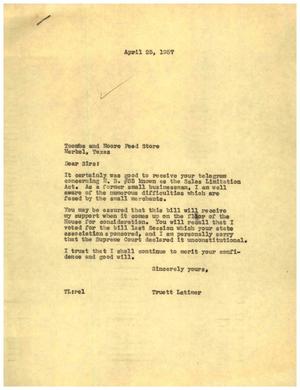 [Letter from Truett Latimer to the Toombs and Noore Feed Store, April 25, 1957]