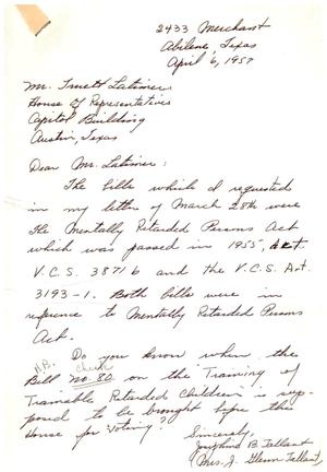 [Letter from Josephine B. Tallant to Truett Latimer, April 6, 1957]