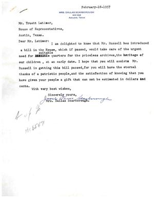 [Letter from Jewel Davis Scarborough to Truett Latimer, February 18, 1957]