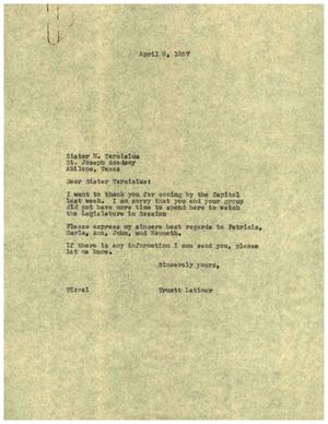 [Letter from Truett Latimer to Sister M. Tarcisius, April 8, 1957]