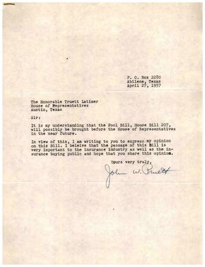 [Letter from John W. Pruett to Truett Latimer, April 27, 1957]