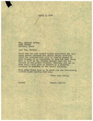 [Letter from Truett Latimer to Earlene Walton, April 1, 1957]