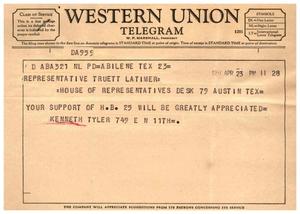 [Telegram from Kenneth Taylor to Truett Latimer, April 23, 1957]