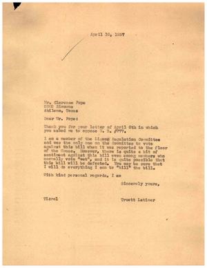 [Letter from Truett Latimer to Clarence Pope, April 10, 1957]