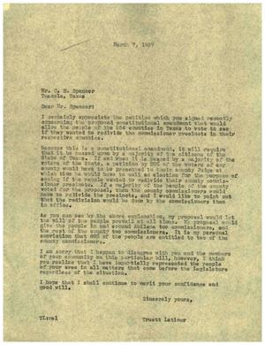 [Letter from Truett Latimer to C. E. Spencer, March 7, 1957]