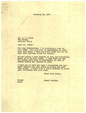 [Letter from Truett Latimer to J. A. Wolfe, February 19, 1957]