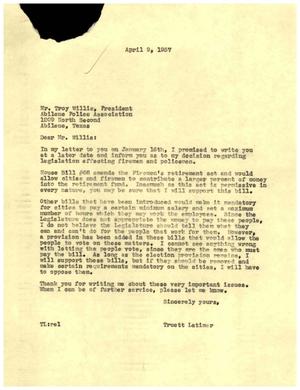 [Letter from Truett Latimer to Troy Willis, April 9, 1957]
